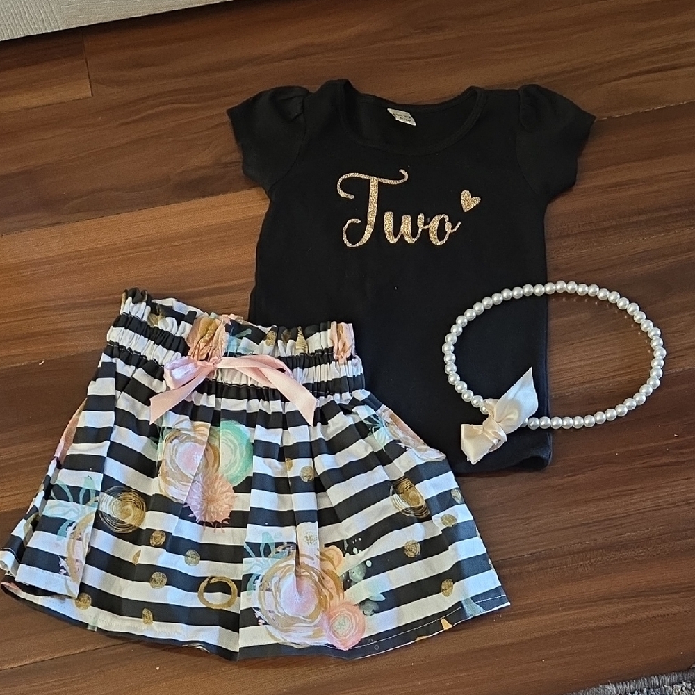 Black and White Striped Toddler Outfit with Gold Accents